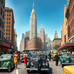 A detailed depiction of 1930s New York City, featuring a lively urban street filled with classic vintage cars and elegantly dressed people in period attire, including flapper dresses and tailored suits