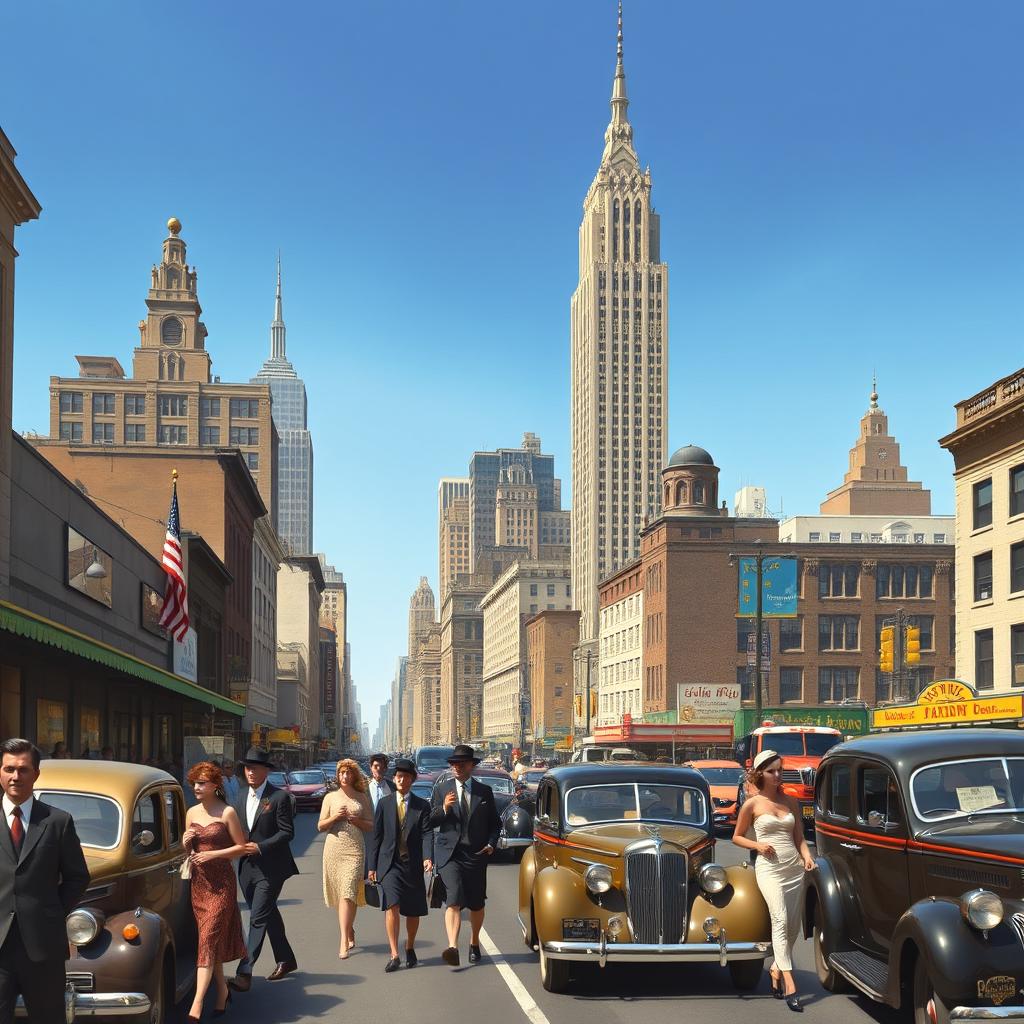 A detailed depiction of 1930s New York City, featuring a lively urban street filled with classic vintage cars and elegantly dressed people in period attire, including flapper dresses and tailored suits