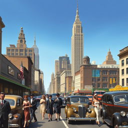 A detailed depiction of 1930s New York City, featuring a lively urban street filled with classic vintage cars and elegantly dressed people in period attire, including flapper dresses and tailored suits