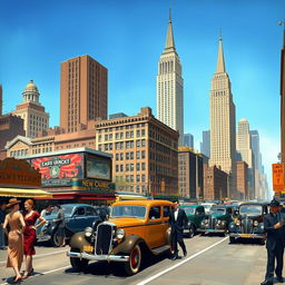 A detailed depiction of 1930s New York City, featuring a lively urban street filled with classic vintage cars and elegantly dressed people in period attire, including flapper dresses and tailored suits