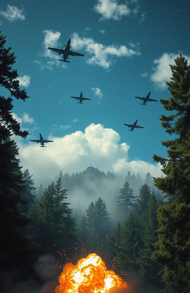 A dramatic scene depicting flying bomber jets and helicopter gunships soaring through a dense forest area