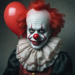 An unsettling clown, festooned with harrowing features, abnormal proportions and face artistically adorned in creepy tones, ominously holding a vibrant red balloon.