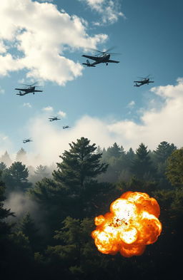 A dramatic scene depicting flying bomber jets and helicopter gunships soaring through a dense forest area