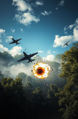 A dramatic scene depicting flying bomber jets and helicopter gunships soaring through a dense forest area