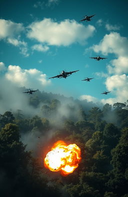 A dramatic scene depicting flying bomber jets and helicopter gunships soaring through a dense forest area