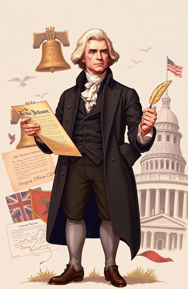 A detailed illustration of Thomas Jefferson, showcasing him as a Founding Father of the United States