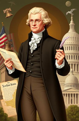 A detailed illustration of Thomas Jefferson, showcasing him as a Founding Father of the United States