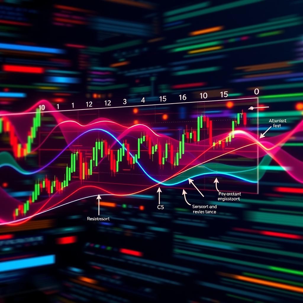 An intricate visual representation of Elliott Waves in financial markets, showcasing a dynamic chart with clear wave patterns labeled from 1 to 5 and A to C, surrounded by vibrant colors