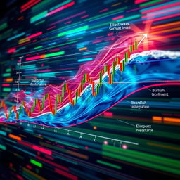An intricate visual representation of Elliott Waves in financial markets, showcasing a dynamic chart with clear wave patterns labeled from 1 to 5 and A to C, surrounded by vibrant colors