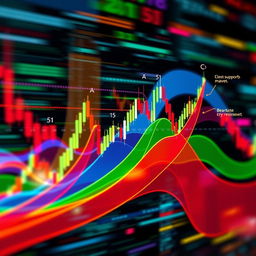 An intricate visual representation of Elliott Waves in financial markets, showcasing a dynamic chart with clear wave patterns labeled from 1 to 5 and A to C, surrounded by vibrant colors