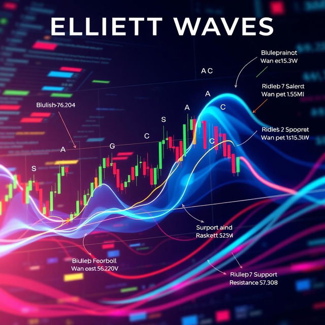 An intricate visual representation of Elliott Waves in financial markets, showcasing a dynamic chart with clear wave patterns labeled from 1 to 5 and A to C, surrounded by vibrant colors