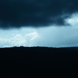 An ominous sky filled with a patch of darkness that looms over a bright daytime sky, creating a stark contrast