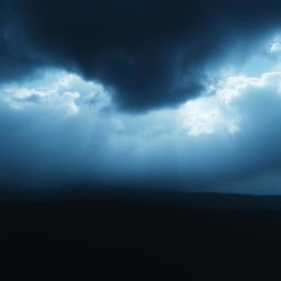 An ominous sky filled with a patch of darkness that looms over a bright daytime sky, creating a stark contrast