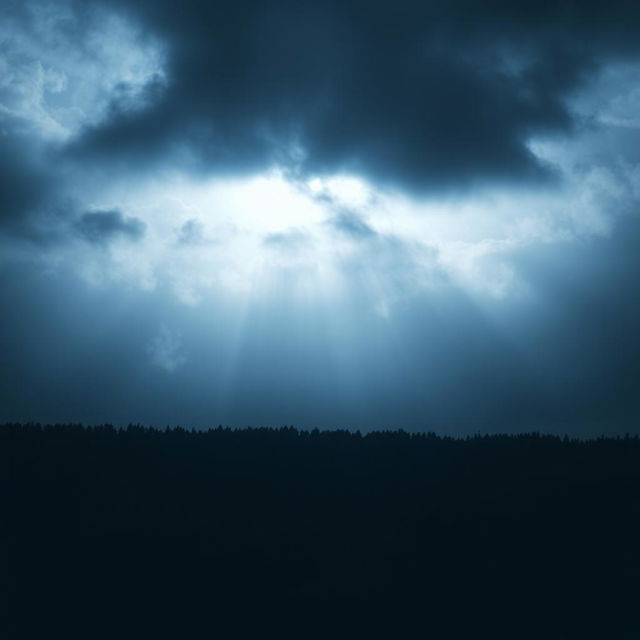 An ominous sky filled with a patch of darkness that looms over a bright daytime sky, creating a stark contrast