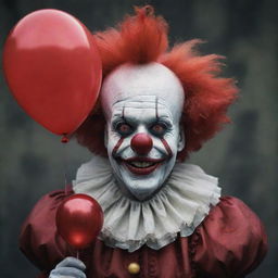 An unsettling clown, festooned with harrowing features, abnormal proportions and face artistically adorned in creepy tones, ominously holding a vibrant red balloon.