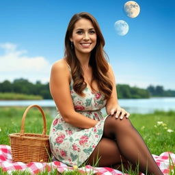 A beautiful 50-year-old woman sitting in a field on a picnic blanket, with a basket, near a lake