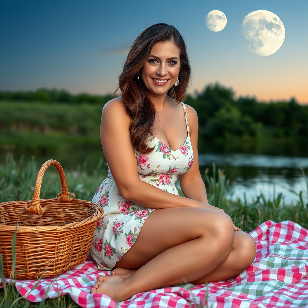 A beautiful 50-year-old woman sitting in a field on a picnic blanket, with a basket, near a lake