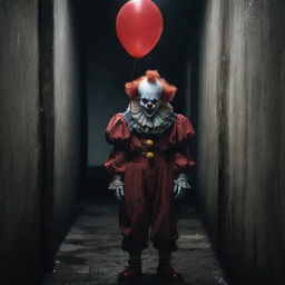 A spine-chilling clown holding a bright red balloon, standing ominously next to a dark, grimy sewer opening, amplifying the aura of horror.