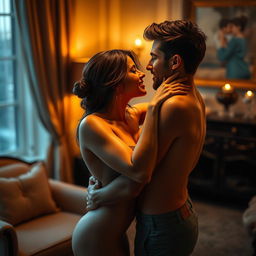 Create an artistic representation of intense passion between two lovers, captured in a moment of tender embrace