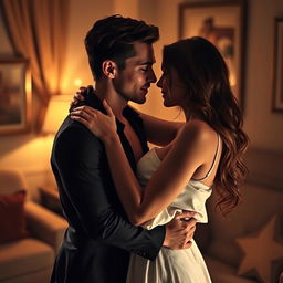 Create an artistic representation of intense passion between two lovers, captured in a moment of tender embrace