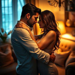 Create an artistic representation of intense passion between two lovers, captured in a moment of tender embrace