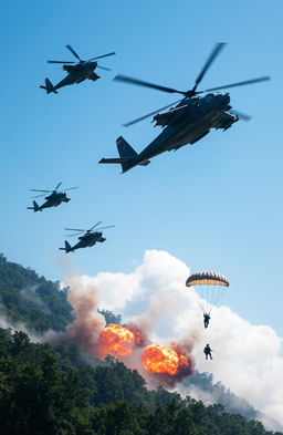 A dramatic scene depicting flying bomber jets soaring through a bright blue sky above a dense, lush forest