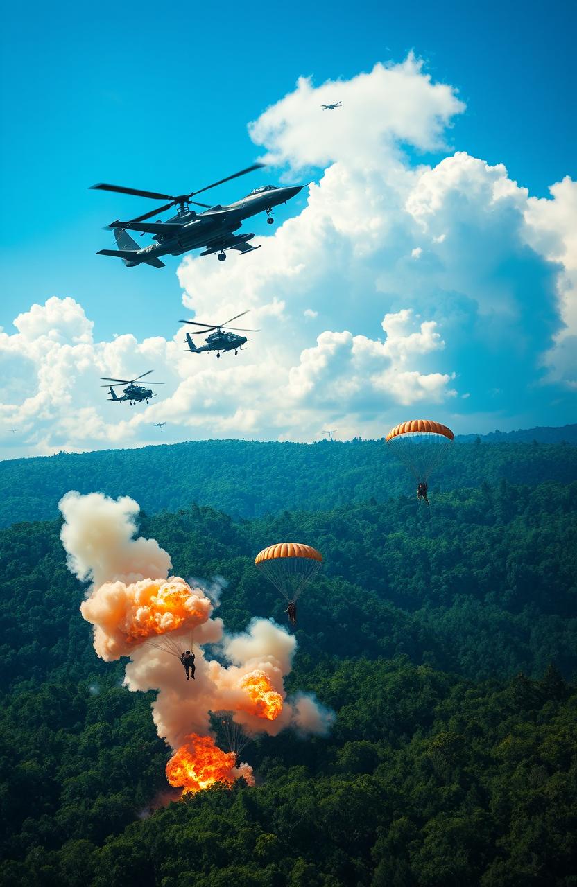 A dramatic scene depicting flying bomber jets soaring through a bright blue sky above a dense, lush forest