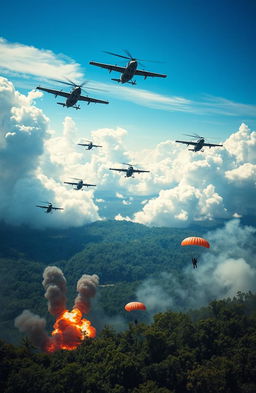A dramatic scene depicting flying bomber jets soaring through a bright blue sky above a dense, lush forest