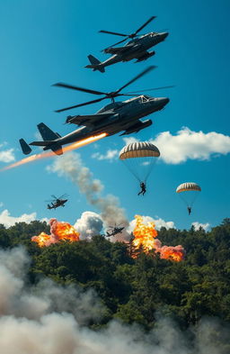 A dramatic scene depicting flying bomber jets soaring through a bright blue sky above a dense, lush forest