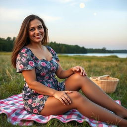 A beautiful 50-year-old woman sitting on a picnic blanket in a field, beside a tranquil lake