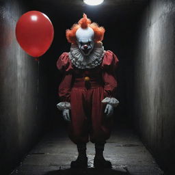 A spine-chilling clown holding a bright red balloon, standing ominously next to a dark, grimy sewer opening, amplifying the aura of horror.