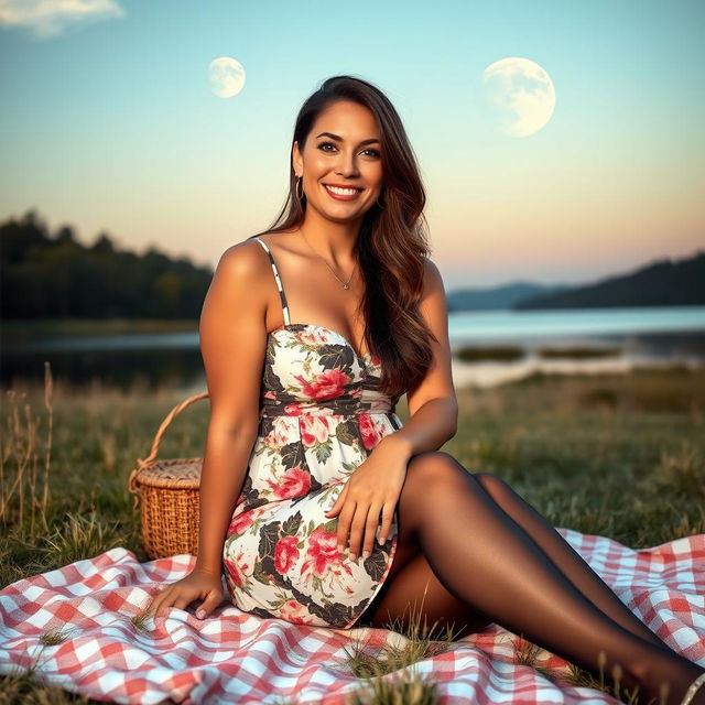 A beautiful 50-year-old woman sitting on a picnic blanket in a field, beside a tranquil lake