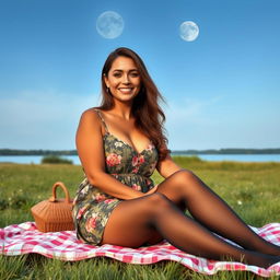 A beautiful 50-year-old woman sitting on a picnic blanket in a field, beside a tranquil lake