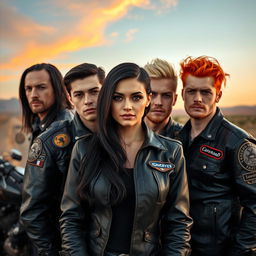 A striking woman with long black hair and captivating hazel eyes stands confidently beside three attractive men