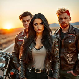A striking woman with long black hair and captivating hazel eyes stands confidently beside three attractive men