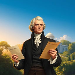 An artistic portrayal of Thomas Jefferson set against a picturesque background of Monticello, his iconic plantation home