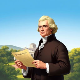 An artistic portrayal of Thomas Jefferson set against a picturesque background of Monticello, his iconic plantation home