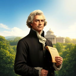 An artistic portrayal of Thomas Jefferson set against a picturesque background of Monticello, his iconic plantation home