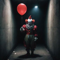 A spine-chilling clown holding a bright red balloon, standing ominously next to a dark, grimy sewer opening, amplifying the aura of horror.