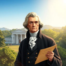 An artistic portrayal of Thomas Jefferson set against a picturesque background of Monticello, his iconic plantation home