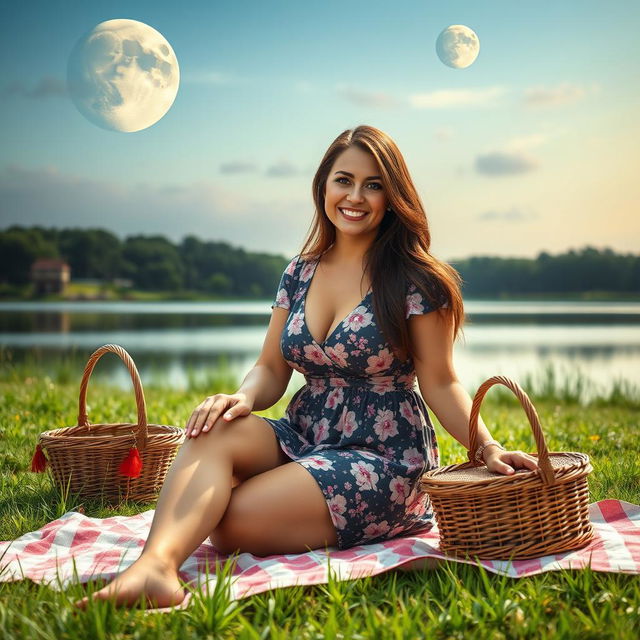 A beautiful 50-year-old woman sitting gracefully in a field on a picnic blanket, accompanied by a picnic basket, beside a serene lake