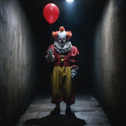 A spine-chilling clown holding a bright red balloon, standing ominously next to a dark, grimy sewer opening, amplifying the aura of horror.