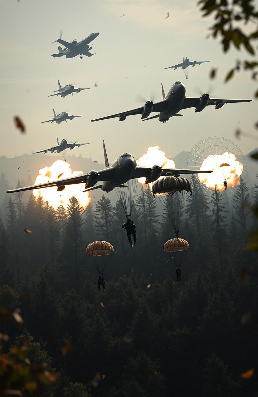 A dynamic military scene set in a dense forestry area, showcasing army Canberra bombers soaring through the sky with their distinctive design, and helicopter gunships hovering nearby, ready for tactical maneuvers