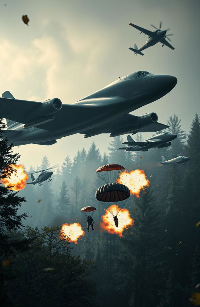 A dynamic military scene set in a dense forestry area, showcasing army Canberra bombers soaring through the sky with their distinctive design, and helicopter gunships hovering nearby, ready for tactical maneuvers