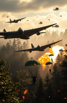 A dynamic military scene set in a dense forestry area, showcasing army Canberra bombers soaring through the sky with their distinctive design, and helicopter gunships hovering nearby, ready for tactical maneuvers
