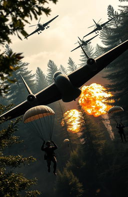 A dynamic military scene set in a dense forestry area, showcasing army Canberra bombers soaring through the sky with their distinctive design, and helicopter gunships hovering nearby, ready for tactical maneuvers