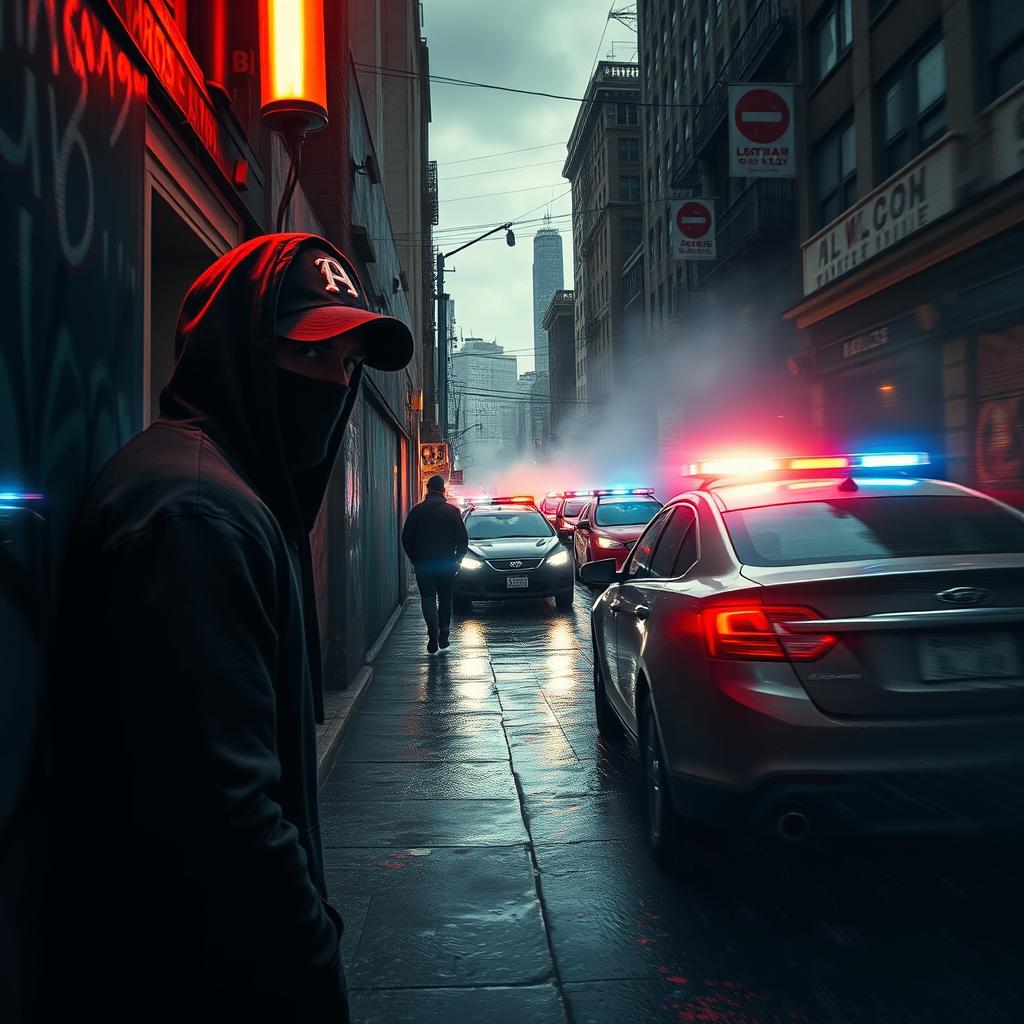 A dynamic street scene depicting the theme of crime, showcasing a gritty urban environment filled with shadowy figures and police activity