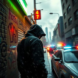 A dynamic street scene depicting the theme of crime, showcasing a gritty urban environment filled with shadowy figures and police activity