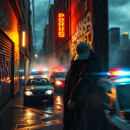 A dynamic street scene depicting the theme of crime, showcasing a gritty urban environment filled with shadowy figures and police activity