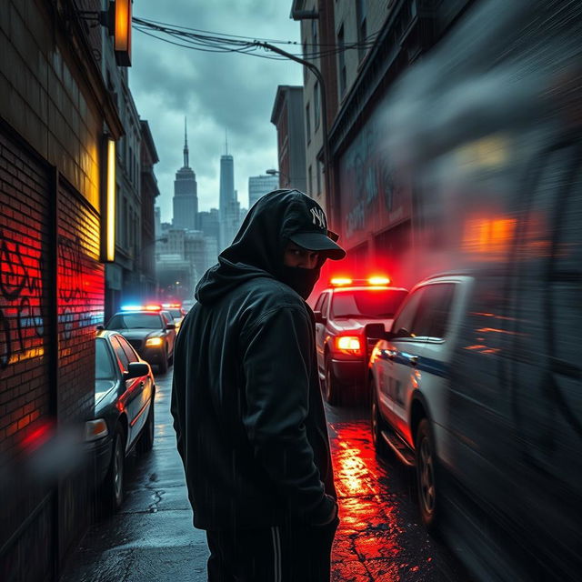 A dynamic street scene depicting the theme of crime, showcasing a gritty urban environment filled with shadowy figures and police activity